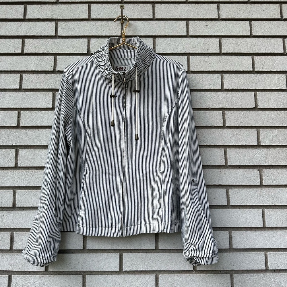 AMX Stripe Funnel Neck Zip Jacket Cotton Spandex Roll Tab Sleeve Casual XL